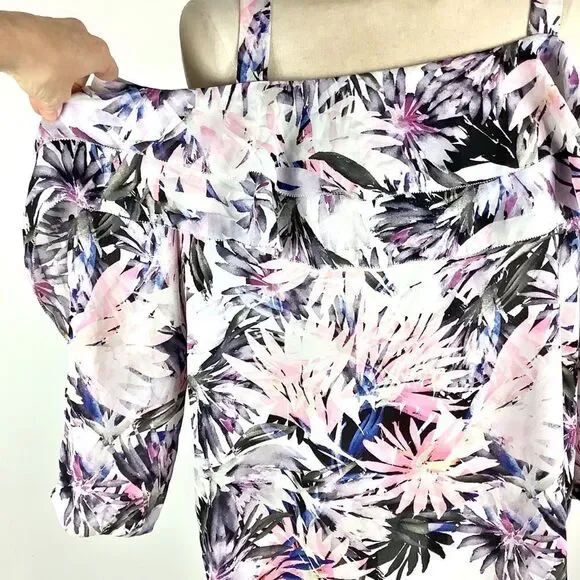 NYDJ Blouse Womens Medium Boho Hawaiian Tropical Floral Top Ruffle Cold Shoulder - Picture 4 of 13